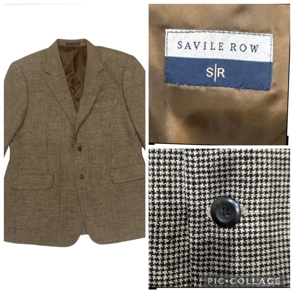 Savile Row Macys Mens 42R Sport Coat 100% Silk Houndstooth Blazer Tan Black